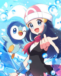 Rule 34 | 1girl, :d, beanie, black hair, blush, bracelet, breasts, bubble, commentary request, creatures (company), dawn (pokemon), eyelashes, game freak, gen 4 pokemon, grey eyes, hair ornament, hairclip, haru (haruxxe), hat, heart, highres, jewelry, long hair, looking at viewer, nintendo, open mouth, piplup, pointing, pokemon, pokemon (anime), pokemon (creature), pokemon dppt (anime), purple scarf, scarf, sleeveless, smile, tongue, white headwear