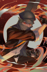 Rule 34 | 1boy, absurdres, arknights, black hat, black jacket, black pants, brown hair, cabbie hat, flaming weapon, hat, highres, holding, holding sheath, holding sword, holding weapon, jacket, looking at viewer, male focus, open clothes, open jacket, oxy (ho2), pants, red (npc) (arknights), red eyes, sheath, shirt, solo, sword, unsheathed, weapon, white shirt