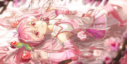 Rule 34 | 1girl, absurdres, bad anatomy, blurry, cherry, cherry59599, cherry blossoms, cherry hair ornament, detached sleeves, flower, food, food-themed hair ornament, fruit, hair ornament, hatsune miku, highres, holding, holding flower, lying, necktie, on back, partially submerged, pink eyes, pink hair, pink necktie, pink skirt, pink thighhighs, sakura miku, shirt, skirt, thighhighs, vocaloid, water, white shirt