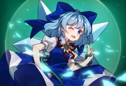 Rule 34 | 1girl, :d, artist name, blue dress, blue eyes, blue hair, blue ribbon, cirno, dress, fairy, flower, hair between eyes, hair ribbon, index finger raised, one eye closed, open mouth, plant, red ribbon, ribbon, short hair, short sleeves, smile, solo, sunflower, tojorin, touhou, touhou lost branch of legend, upper body, vines, white sleeves, wings