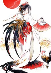 Rule 34 | 1girl, bird, black feathers, black hair, chicken, chinese zodiac, hand fan, feathers, full body, hair ornament, highres, japanese clothes, kimono, long hair, new year, original, smoking pipe, rooster, umishima senbon, year of the rooster