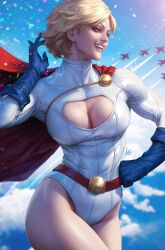 Rule 34 | 1girl, aircraft, airplane, blonde hair, blue eyes, blue gloves, blue sky, breasts, cape, cleavage, cleavage cutout, clothing cutout, confetti, dc comics, fighter jet, gloves, highres, jet, large breasts, leotard, looking at viewer, midair, military, military vehicle, muscular, muscular female, open mouth, power girl, realistic, red cape, short hair, signature, sky, smile, stanley lau, teeth