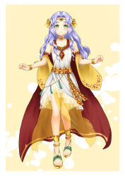 Rule 34 | 1girl, absurdres, alternate eye color, bare shoulders, bracelet, cape, circlet, collarbone, commentary, cosplay, dress, english commentary, fire emblem, fire emblem: thracia 776, fire emblem heroes, florina (fire emblem), green eyes, highres, jewelry, light purple hair, long hair, nintendo, official alternate costume, orange background, red cape, sandals, sara (fire emblem), sara (fire emblem) (cosplay), sara (khadein) (fire emblem), sara (khadein) (fire emblem) (cosplay), see-through, simple background, sleeveless, sleeveless dress, smile, solo, toeless footwear, twitter username, very long hair, white dress, you nf