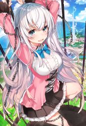 Rule 34 | 1girl, arched back, arms up, birdcage, black skirt, blue eyes, blurry, bustier, cage, casual, chain, chained, character request, cover, cover image, cover page, depth of field, forest, frills, from above, highres, isekai kangoku root rakuenka keikaku, long hair, looking at viewer, mika pikazo, miniskirt, nature, novel cover, ocean, official art, open mouth, pleated skirt, shirt, silver hair, skirt, solo, textless version, town, underbust, very long hair, water, white shirt