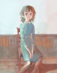 Rule 34 | 1girl, blue dress, brown hair, closed mouth, commentary, dress, expressionless, feet out of frame, hands on lap, indoors, long sleeves, looking at viewer, medium hair, muji (uimss), on chair, original, sitting, solo, wooden chair, wooden floor