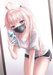 Rule 34 | 1girl, absurdres, black mask, black shorts, blue archive, cellphone, collar, dolphin shorts, hair over shoulder, halo, highres, holding, holding phone, leaning forward, long hair, looking at viewer, mask, mouth mask, natsu (blue archive), phone, pink hair, red eyes, shira jun, shirt, shorts, sitting, smartphone, solo, white shirt