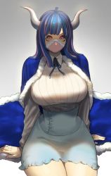 Rule 34 | 1girl, blue cape, blue hair, blue skirt, breasts, cape, curled horns, dress, high-waist skirt, horns, large breasts, long hair, long sleeves, looking at viewer, mask, momo hoshiko, mouth mask, multicolored hair, one piece, pink eyes, pink mask, purple hair, ribbed shirt, shirt, sitting, skirt, solo, streaked hair, two-tone hair, ulti (one piece), white shirt