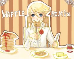 Rule 34 | 1boy, atlus, blonde hair, blue eyes, blush, blush stickers, butter, chair, eating, flower, food, kuma (persona 4), male focus, persona, persona 4, rose, shirt, solo, waffle