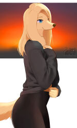 Rule 34 | 00niine, 1girl, animal ears, animal nose, artist name, backlighting, black pants, black shirt, blonde hair, blue eyes, body fur, closed mouth, clothes lift, cowboy shot, dog ears, dog girl, dog tail, elizabelle (00niine), female focus, from side, furry, furry female, half-closed eyes, hand up, happy, highres, lifting own clothes, long hair, looking to the side, original, pants, shirt, shirt lift, sidelocks, sideways mouth, sleeves past wrists, smile, snout, solo, standing, tail, watermark, yellow fur
