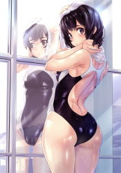 Rule 34 | 1girl, absurdres, ass, black eyes, black hair, breasts, competition swimsuit, cowboy shot, from behind, gluteal fold, highres, looking back, nagayori, one-piece swimsuit, original, parted lips, reflection, scan, shiny clothes, shiny skin, short hair, small breasts, solo, swimsuit, towel, towel around neck, wet