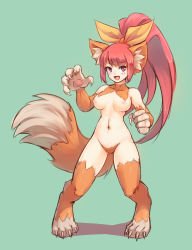Rule 34 | 1girl, :d, animal ears, animal hands, blush, bow, breasts, cat ears, cat paws, claws, disgaea, fang, female pubic hair, full body, fur, green background, hair bow, high ponytail, highres, large breasts, long hair, looking at viewer, navel, nekomata (disgaea), nipples, nude, open mouth, ponytail, pubic hair, purple eyes, red hair, ricegnat, simple background, smile, solo, standing, tail