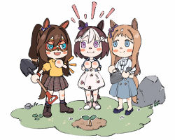 Rule 34 | 3girls, animal crossing, animal ears, aqua eyes, blue eyes, blue footwear, blue jacket, blue skirt, blush stickers, boots, bow, brown hair, closed mouth, domino mask, dress, ear bow, el condor pasa (umamusume), flats, full body, grass wonder (umamusume), hand on own hip, highres, holding, holding shovel, horse ears, horse girl, horse tail, jacket, long hair, looking at another, mask, multiple girls, nintendo, oo sungnim, open mouth, ponytail, purple eyes, rock, shirt, shoes, short hair, shovel, skirt, smile, special week (umamusume), sprout, standing, tail, umamusume, watering can, white background, white dress, white footwear, white shirt, yellow shirt