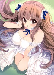 Rule 34 | 1girl, armband, bare shoulders, between legs, blue ribbon, breasts, brown eyes, brown hair, cleavage, closed mouth, collar, detached collar, dress, frilled dress, frills, from above, full body, hair ribbon, hair spread out, hand between legs, hand in own hair, hand up, indie virtual youtuber, large breasts, light blush, long hair, looking at viewer, looking up, no bra, on grass, ribbon, sidelocks, sitting, smile, solo, strapless, strapless dress, suzune rai, suzune rai (vtuber), twintails, very long hair, virtual youtuber, white collar, white dress