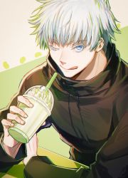 Rule 34 | 1boy, absurdres, alternate hairstyle, black coat, blue eyes, coat, cup, disposable cup, gojou satoru, highres, holding, jujutsu kaisen, licking lips, looking at viewer, male focus, one eye closed, shibuki kamone, short hair, solo, table, tongue, tongue out, upper body, white hair