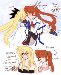 Rule 34 | 3girls, artist request, bare shoulders, blonde hair, blue sky, blush, brown hair, closed eyes, cloud, cloudy sky, comic, couple, english text, fate testarossa, fate testarossa (impulse form), kiss, long hair, lyrical nanoha, mahou shoujo lyrical nanoha, mahou shoujo lyrical nanoha strikers, multiple girls, open mouth, red eyes, side ponytail, simple background, sky, takamachi nanoha, takamachi nanoha (aggressor mode), talking, very long hair, vivio, white background, yuri