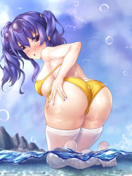 Rule 34 | 1girl, ass, ass grab, azur lane, bare shoulders, beach, bikini, blush, breasts, deep skin, from behind, highres, kneeling, large breasts, long hair, looking at viewer, looking back, luyluc, open mouth, pola (azur lane), pola (seaside coincidence) (azur lane), purple eyes, purple hair, shiny clothes, shiny skin, sideboob, solo, sunglasses, sunglasses on head, swimsuit, thighhighs, twintails