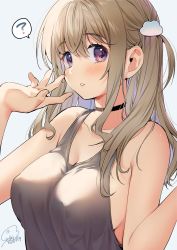 Rule 34 | 1girl, ?, absurdres, bare shoulders, black choker, blush, breasts, brown hair, choker, cleavage, collarbone, covered erect nipples, dated, eyelashes, fingernails, geshumaro, grey tank top, hair between eyes, hair ornament, hairclip, hands up, highres, large breasts, long hair, looking at viewer, nail polish, no bra, one side up, original, parted lips, pink nails, purple eyes, sidelocks, signature, solo, spoken question mark, tank top, teeth, upper body