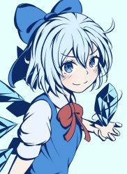 Rule 34 | 1girl, blue background, blue dress, blue eyes, blue hair, blue theme, bow, cirno, closed mouth, collared shirt, commentary request, dress, hair between eyes, hair bow, highres, ice, ice wings, looking at viewer, madabau, neck ribbon, pinafore dress, puffy short sleeves, puffy sleeves, red ribbon, ribbon, shirt, short hair, short sleeves, simple background, sleeveless dress, smile, solo, touhou, upper body, white shirt, wings