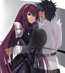Rule 34 | 1boy, 1girl, armor, back, belt, black hair, blush, bodysuit, breast press, breasts, commentary request, fate/grand order, fate (series), fujimaru ritsuka (male), heavy breathing, large breasts, long hair, pauldrons, purple hair, red eyes, scathach (fate), shoulder armor, sweat, takara joney, very long hair, x-ray