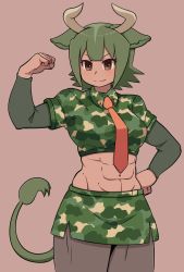 Rule 34 | 1girl, abs, animal ears, aurochs (kemono friends), black pantyhose, blush, brown eyes, camouflage, camouflage shirt, camouflage skirt, collared shirt, commentary, cow ears, cow girl, cow horns, cow tail, cowboy shot, edano kiui, green hair, highres, horns, kemono friends, long sleeves, midriff, miniskirt, muscular, muscular female, navel, necktie, pantyhose, pencil skirt, red necktie, shirt, short hair, short sleeves, skirt, smile, solo, tail
