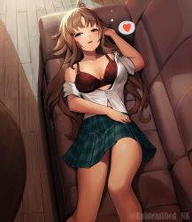 Rule 34 | 1girl, :d, ahoge, arm across waist, arm up, bare legs, bare shoulders, blue eyes, blush, bra, breasts, brown hair, cleavage, collarbone, couch, fang, feet out of frame, from above, green skirt, heart, highres, indoors, kaori (princess connect!), kaori (real) (princess connect!), large breasts, long hair, looking at viewer, lying, miniskirt, off shoulder, on back, on couch, open clothes, open mouth, open shirt, plaid, plaid skirt, pleated skirt, princess connect!, red bra, school uniform, shirt, short sleeves, skirt, smile, solo, twitter username, unbuttoned, unbuttoned shirt, underwear, unidentified nk, very long hair, white shirt, wooden floor