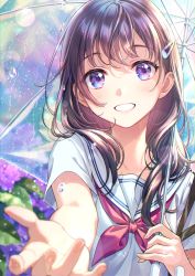 Rule 34 | 1girl, :d, blue eyes, blush, brown hair, collarbone, commentary, day, english commentary, flower, grin, hair ornament, hairclip, highres, holding, holding umbrella, hydrangea, long hair, looking at viewer, morikura en, neckerchief, open mouth, original, outdoors, outstretched arm, rain, red neckerchief, sailor collar, school uniform, serafuku, shirt, short sleeves, smile, solo, sunlight, teeth, transparent, transparent umbrella, umbrella, water, water drop, white sailor collar, white shirt
