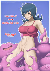 Rule 34 | 1girl, belly, blue background, blue hair, breasts, censored, creatures (company), ditto, english text, game freak, gen 1 pokemon, happy sex, highres, large breasts, legs apart, navel, nintendo, pokemon, red eyes, restrained, sabrina (pokemon), simple background, slime (creature), smile, stomach bulge, sweat, tank top, tentacle sex, tentacles, tentacles under clothes, the tentacle professor
