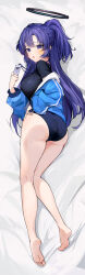 Rule 34 | 1girl, absurdres, ass, barefoot, bed sheet, black shirt, blue archive, blue buruma, blue jacket, breasts, bright pupils, buruma, dakimakura (medium), feet, from above, gym shirt, gym uniform, halo, hermityy, highres, id card, jacket, kneepits, lanyard, large breasts, legs, long hair, long sleeves, looking at viewer, lying, off shoulder, official alternate costume, on side, open clothes, open jacket, open mouth, ponytail, purple eyes, purple hair, shirt, soles, solo, star (symbol), star sticker, sticker on face, thighs, toes, track jacket, white pupils, yuuka (blue archive), yuuka (track) (blue archive)