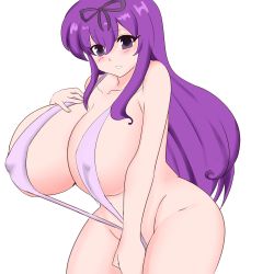 Rule 34 | 10s, 1girl, blush, breasts, cleavage, curvy, covered erect nipples, hair ribbon, highres, huge breasts, long hair, murasaki (senran kagura), parted lips, purple eyes, purple hair, ribbon, senran kagura, slingshot swimsuit, solo, swimsuit, tagme, wide hips