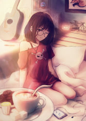 Rule 34 | 1girl, ;), acoustic guitar, alarm clock, arms at sides, bed, bicycle, blouse, cellphone, clock, closed eyes, coffee, coffee cup, collarbone, cookie, cross, cross necklace, cup, day, disposable cup, drawing (object), drink, earphones, food, glasses, guitar, highres, indoors, instrument, jewelry, looking at viewer, medium hair, miniature, necklace, no pants, off shoulder, on bed, one eye closed, original, pen, pendant, phone, pillow, plate, red shirt, round eyewear, saucer, seiza, shimmer, shirt, short sleeves, single bare shoulder, sitting, skull print, smartphone, smile, solo, sugar cube, sunlight