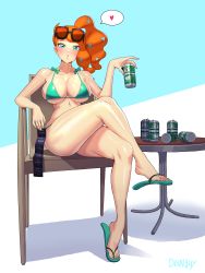 Rule 34 | 1girl, absurdres, alcohol, alternate costume, beer, beer can, bikini, blue eyes, blush, breasts, can, condom, creatures (company), crossed legs, dqnguy, drink can, drunk, feet, flip-flops, game freak, green bikini, heart, highres, large breasts, looking at viewer, multiple condoms, nail polish, naughty face, nintendo, pokemon, pokemon swsh, red hair, sandals, shiny skin, side ponytail, solo, sonia (pokemon), swimsuit, thick thighs, thighs, toenail polish, toenails, underboob, undersized clothes