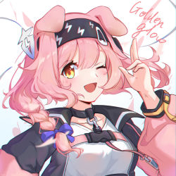 Rule 34 | 1girl, ;d, animal ears, arknights, black hairband, black jacket, blouse, blue bow, blush, bow, braid, breasts, brown eyes, cat ears, character name, clotho matcha, commentary request, goldenglow (arknights), hair between eyes, hair bow, hair over shoulder, hairband, hand up, highres, jacket, lightning bolt print, long hair, long sleeves, looking at viewer, one eye closed, open clothes, open jacket, open mouth, pink hair, print hairband, puffy long sleeves, puffy sleeves, shirt, single braid, small breasts, smile, solo, upper body, white background, white shirt