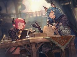 Rule 34 | animal ears, blue hair, blurry, book, brown eyes, depth of field, drang (granblue fantasy), earrings, gloves, granblue fantasy, horns, jewelry, official art, one eye covered, pointy ears, red hair, single glove, sitting, sturm (granblue fantasy), thighs