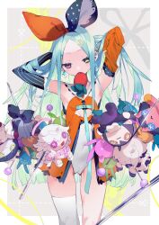 Rule 34 | 1girl, aqua hair, arms behind head, arms up, breasts, bukurote, carrot rabbit (bukurote), character doll, detached sleeves, earrings, gluteal fold, green hair, hair ornament, hairclip, hands in own hair, heterochromia, highres, jewelry, leotard, long hair, mouth hold, multicolored hair, needle, original, pink eyes, sewing needle, simple background, single thighhigh, small breasts, solo, stuffed toy, thighhighs, very long hair, yellow eyes