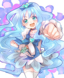 Rule 34 | 10s, 1girl, :d, aqua eyes, bad id, bad pixiv id, blue hair, blue skirt, bow, brooch, choker, clenched hand, clenched hands, cure marine, dress, earrings, hair ornament, hairpin, happy, heart, heart brooch, heartcatch precure!, jewelry, kurumi erika, long hair, magical girl, open mouth, precure, ribbon, skirt, smile, solo, tamaichi, thighhighs, white thighhighs, wrist cuffs