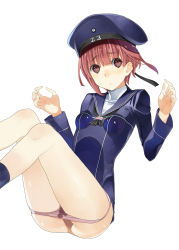 Rule 34 | 10s, 1girl, beret, blunt bangs, clothes writing, hat, highres, kantai collection, panties, red eyes, red hair, short hair, solo, takatou suzunosuke, underwear, white background, z3 max schultz (kancolle)