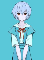 Rule 34 | 1girl, ayanami rei, blue background, blue hair, blue theme, closed mouth, collarbone, commentary, daydremec, hair between eyes, highres, light blue hair, neckwear request, neon genesis evangelion, red eyes, red neckwear, ribbon, short hair, simple background, solo