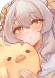 Rule 34 | 1girl, bird, blush, chick, freckles, grey hair, highres, horns, looking at viewer, original, parted lips, solo, temachii, upper body, yellow eyes