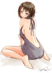 Rule 34 | 10s, 1girl, artist name, backless dress, backless outfit, bare back, barefoot, blue eyes, blush, breasts, brown hair, clenched teeth, dimples of venus, dress, full body, grey sweater, halterneck, highres, kantai collection, large breasts, looking at viewer, looking back, maya (kancolle), meme attire, naked sweater, parted lips, short hair, sideboob, signature, simple background, sitting, sketch, solo, sweater, sweater dress, teeth, turtleneck, turtleneck sweater, virgin killer sweater, wariza, wattsu, white background