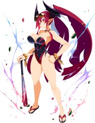 Rule 34 | 1girl, baseball bat, breasts, choker, cleavage, demon girl, demon horns, disgaea, disgaea rpg, exploding watermelon challenge, eyewear on head, food, fruit, full body, grin, hand on own hip, higan zesshousai, high ponytail, highres, holding, holding baseball bat, horns, large breasts, long hair, non-web source, official art, one-piece swimsuit, pointy ears, red eyes, red hair, sandals, smile, solo, standing, strapless, strapless one-piece swimsuit, sunglasses, swimsuit, very long hair, watermelon