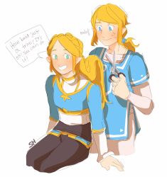 Rule 34 | 1boy, 1girl, aqua eyes, artist request, blonde hair, blue eyes, blue tunic, cutting hair, elf, english text, highres, link, long hair, looking at another, nintendo, pants, pointy ears, princess zelda, scissors, smile, sweatdrop, the legend of zelda, the legend of zelda: breath of the wild, the legend of zelda: tears of the kingdom
