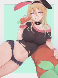 Rule 34 | 1girl, :p, absurdres, black bra, black collar, black shirt, black shorts, bra, breasts, carrot, closed mouth, collar, collarbone, commentary, food, gradient eyes, gradient hair, grain, hair between eyes, hand up, highres, holding, holding food, large breasts, long hair, looking at viewer, lying, multicolored eyes, multicolored hair, navel, off-shoulder shirt, off shoulder, on side, original, pillow, purple eyes, see-through, shirt, short shorts, short sleeves, shorts, sidelocks, smile, solo, stomach, tongue, tongue out, underwear, wristband