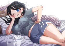 Rule 34 | 1girl, bed, black hair, blue eyes, breasts, cat, dolphin shorts, drooling, grey shirt, highres, indonesian commentary, large breasts, long hair, looking at viewer, on bed, original, pillow, shirt, short shorts, shorts, sleepy, solo, thick thighs, thighs, white background, white cat, yumna hutoyo, zzz