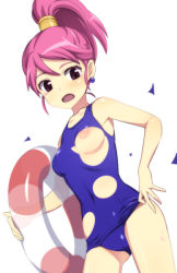 Rule 34 | 1girl, :o, adjusting clothes, adjusting swimsuit, alternate costume, armpits, blue one-piece swimsuit, blush, breast slip, breasts, caryo, covered navel, cowboy shot, dragon quest, dragon quest iii, earrings, hair ornament, high ponytail, holding, innertube, jewelry, looking at viewer, merchant (dq3), nanashino, nipples, one-piece swimsuit, one breast out, open mouth, purple eyes, purple hair, revealing swimsuit (dq), school swimsuit, short hair, short ponytail, simple background, small breasts, solo, square enix, swept bangs, swim ring, swimsuit, tears, torn clothes, torn swimsuit, translucent, transparent, white background