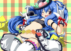 Rule 34 | 1girl, :d, animal ears, armband, bandeau, bikini, blue hair, blush, bow, cable, cameltoe, dog ears, dog tail, dutch angle, fang, female focus, flat chest, food, food-themed clothes, fruit, gloves, hat, hinanawi tenshi, holding, idol, long hair, lowleg, lowleg bikini, lowleg panties, m/, microphone, nanpuu, one eye closed, open mouth, panties, pantyshot, peach, plaid, plaid background, red eyes, ribbon, rope, sidelocks, skirt, smile, solo, star (symbol), swimsuit, tail, thighhighs, touhou, underwear, upskirt, very long hair, white gloves, white thighhighs, wide hips, wink, wrist ribbon