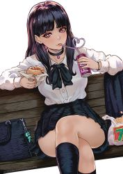 Rule 34 | 1girl, artist name, bag, bench, black hair, blunt bangs, burger, buttons, can, choker, collarbone, crazy straw, crossed legs, drinking, drinking straw, food, french fries, grocery bag, heart straw, highres, lips, long hair, looking at viewer, magion02, mole, mole under eye, original, pleated skirt, purple eyes, shopping bag, skirt, solo, thighs, white background