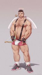 Rule 34 | 1boy, angel, angel wings, arm hair, arrow (projectile), bara, bare pectorals, beard, belly, bow (weapon), boxer briefs, brown hair, bulge, chest hair, come hither, edging underwear, facial hair, fingerless gloves, full body, gloves, grey background, hairy, halo, holding, holding bow (weapon), holding weapon, large pectorals, latex, leg hair, looking at viewer, male focus, male underwear, male underwear pull, mature male, mini wings, mouth hold, muscular, muscular male, navel, navel hair, nipples, no pants, original, pectorals, pink male underwear, raised eyebrow, seductive smile, shoes, short hair, sideburns, simple background, smile, sneakers, socks, solo, source request, stomach, stubble, suspenders, thick thighs, thighs, undercut, underwear, weapon, white male underwear, wings, xian miao