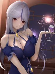 Rule 34 | 1girl, absurdres, bad id, bad pixiv id, bare shoulders, blue dress, breasts, champagne flute, cleavage, cup, dress, drinking glass, fireworks, genshin impact, hair ornament, highres, large breasts, long hair, looking at viewer, night, ningguang (genshin impact), ningguang (orchid&#039;s evening gown) (genshin impact), parted bangs, red eyes, solo, tokutokenzen, upper body, vision (genshin impact), white hair, window