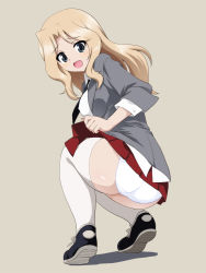 Rule 34 | 10s, 1girl, ass, blazer, blonde hair, blue eyes, blush, dress shirt, from behind, girls und panzer, grey background, jacket, kay (girls und panzer), looking at viewer, looking back, miniskirt, necktie, open mouth, ouhashi, panties, pantyshot, pleated skirt, school uniform, shirt, shoes, simple background, skirt, smile, sneakers, solo, squatting, thighhighs, underwear, white panties, white shirt, white thighhighs
