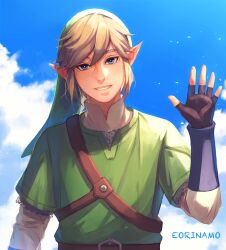 Rule 34 | 1boy, armor, artist name, black gloves, blonde hair, blue sky, chainmail, cloud, cloudy sky, collared shirt, eorinamo, fingerless gloves, gloves, green hat, green tunic, hair between eyes, hand up, hat, highres, link, long sleeves, looking at viewer, male focus, nintendo, parted lips, pointy ears, pointy hat, shirt, short hair, sky, smile, solo, the legend of zelda, the legend of zelda: skyward sword, upper body, waving, white shirt
